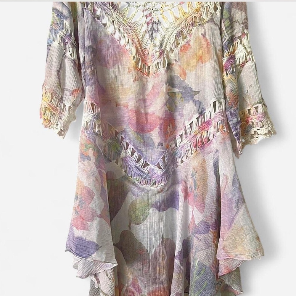 Crochet Floral Cover-Up OS Fits S/M Boho Fairycore Festival Cream Lilac Tunic - Picture 7 of 7